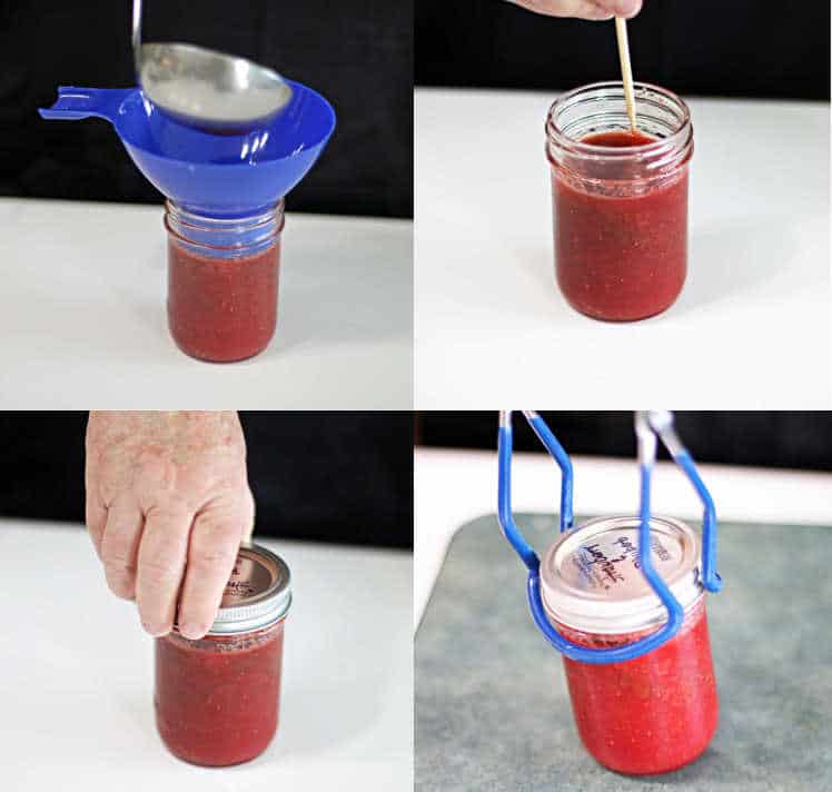 four steps of canning strawberry rhubarb jam in a waterbath from the sour strawberry blog