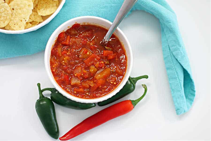 bowl of Tangy Oven Roasted Red Bell Pepper Sales with chips from The Sour Strawberry