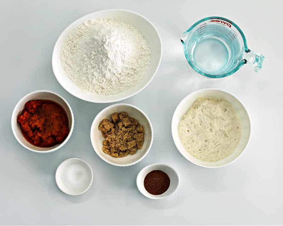 image of ingredients used to make the pumpkin Shaped Pumpkin Spice Sourdough Bread