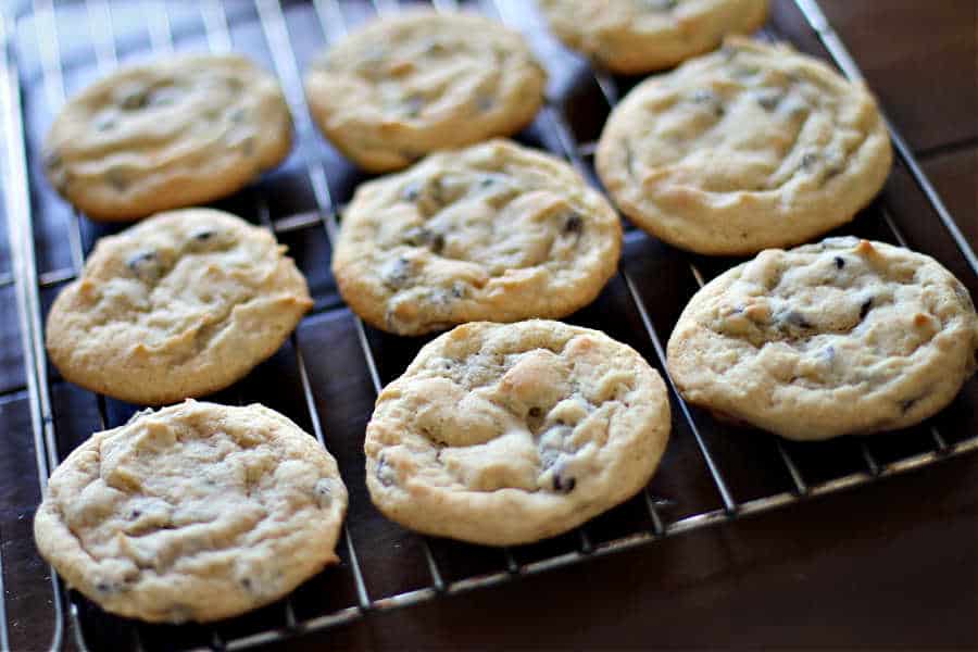 picture of warm out of the oven, soft and chewy Sourdough Chocolate Chip Cookies