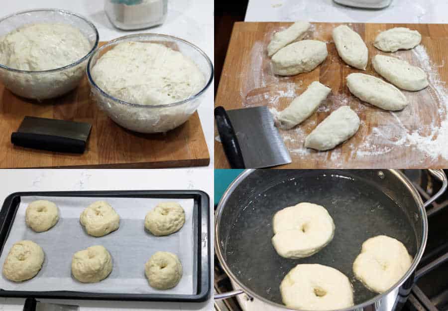 4 images showing the main steps for making Sandi's Easy Overnight Sourdough Bagels Recipe