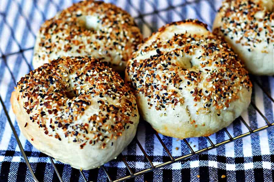 Sandi's Easy Overnight Sourdough Bagel REcipe with everything bagel spices on top