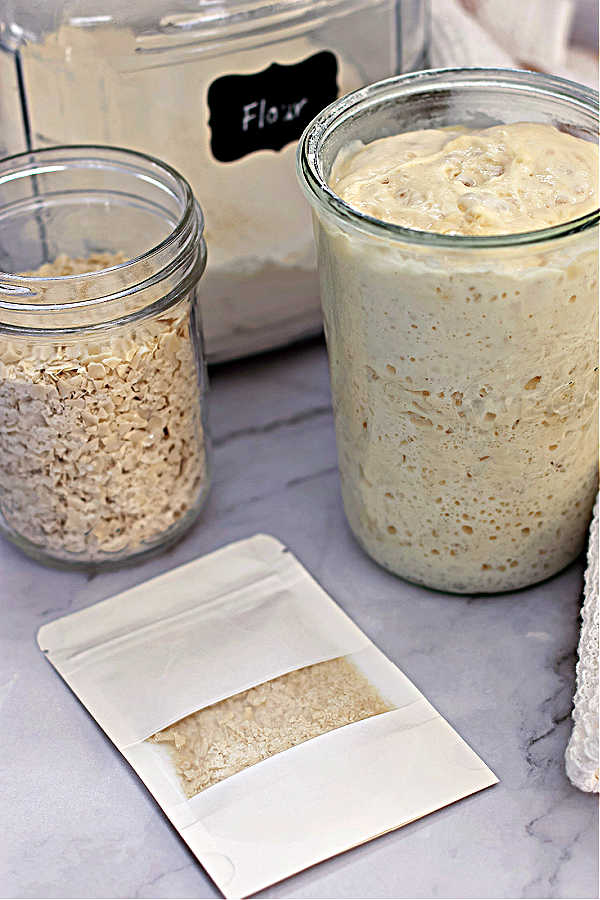 dehydrated sourdough starter in glass jars and packets