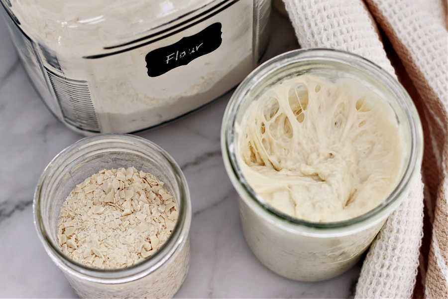 glass jars of flour, sourdough starter and dehydrated sourdough starter