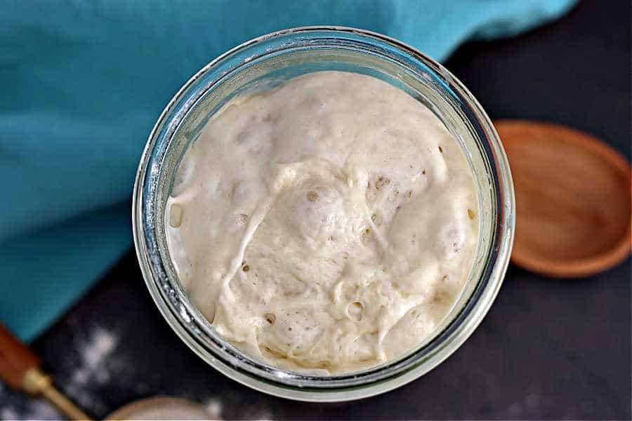 Bubbly-fed sourdough starter in a clear glass jar