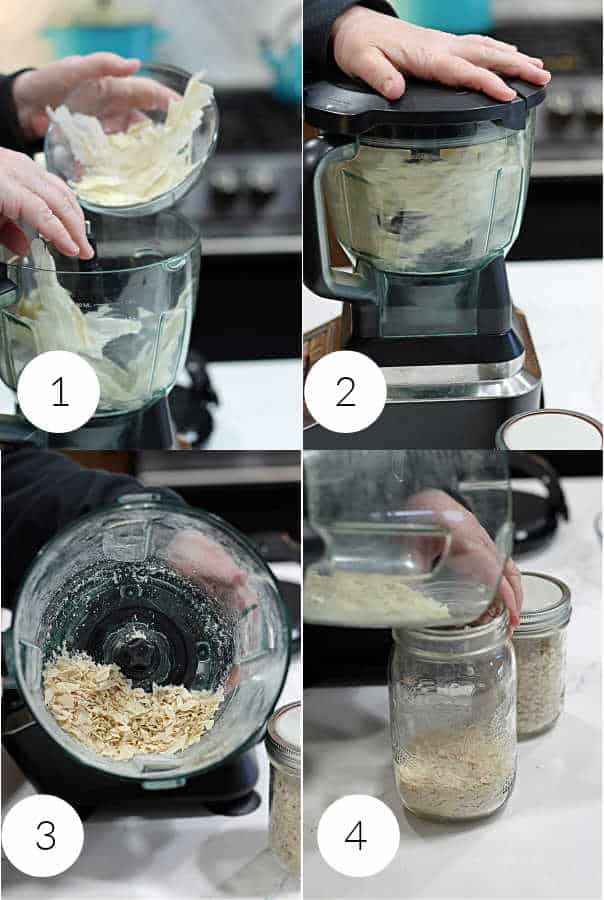 4 pictures of the steps to add dried sourdough starter to a blender to break down to a fine powder for storage