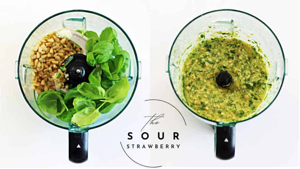 Side-by-side overhead view of a food processor. The left side shows fresh basil leaves, pine nuts, and garlic cloves before blending. The right side shows the smooth, green basil pesto mixture after blending.